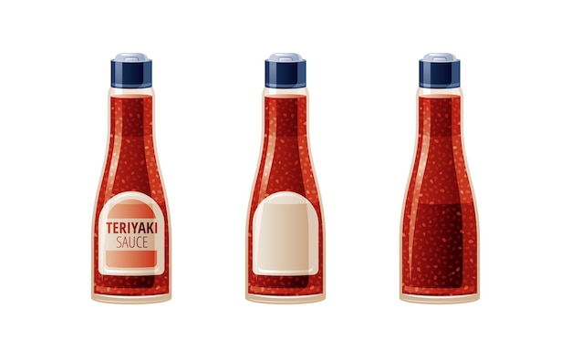 Salsa asiatica di soia teryaki 3 salse di soia teriyaki impostate icone alimentari con logo di testo imballaggio etichetta vuota vuota mock up bottiglia di soia giapponese in vetro per sushi 3d illustrazione vettoriale realistica isolata