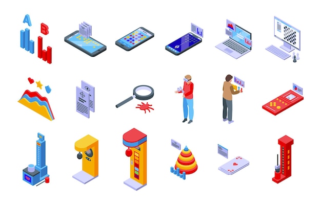 Test game icons set isometric vector. Scientist expert