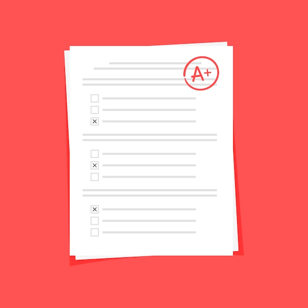 Test on paper with grade isolated on red background. Vector illustration