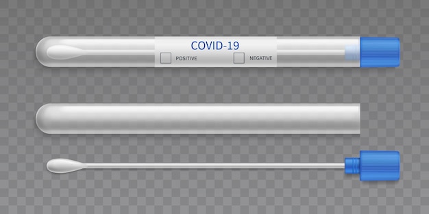 test tube swab realistic microbiological medical test diagnostic lab tool for genetic research plastic container with cotton swab virus analysis vector 3d isolated set