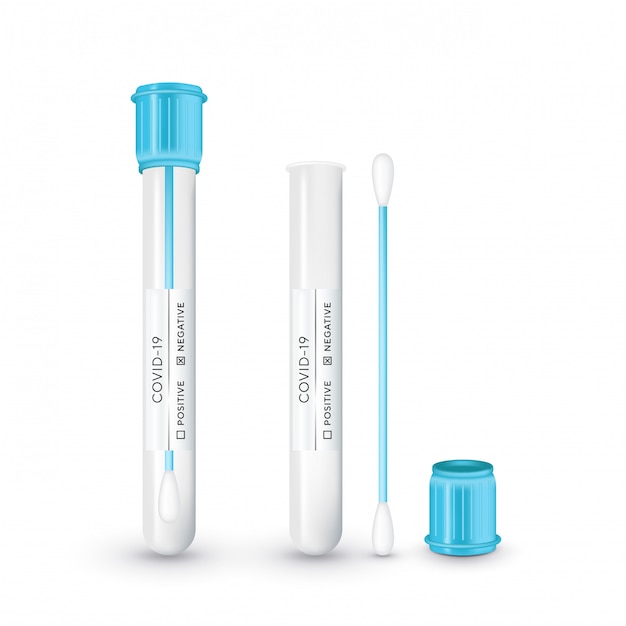 Test tube with cotton swab for nasopharyngeal specimens. Realistic tube for testing in laboratory on coronavirus SARS CoV-2. Nasopharyngeal test for determination