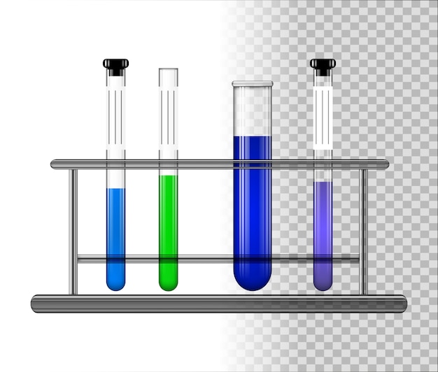 test tubes with liquid on a glass stand. 