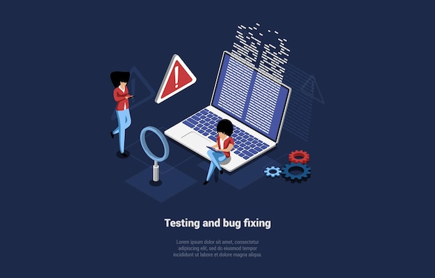 Testing and bug fixing vector illustration in cartoon 3d style on dark background. conceptual isometric design. process of program or application checking. programmers working. code examination system