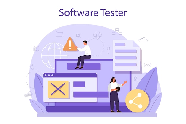 Vettore testare il concetto di software. processo di test del codice dell'applicazione o del sito web. specialista it alla ricerca di bug. idea di tecnologia informatica. analisi digitale.