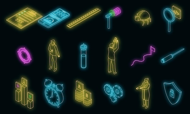 Testing software icons set vector neon