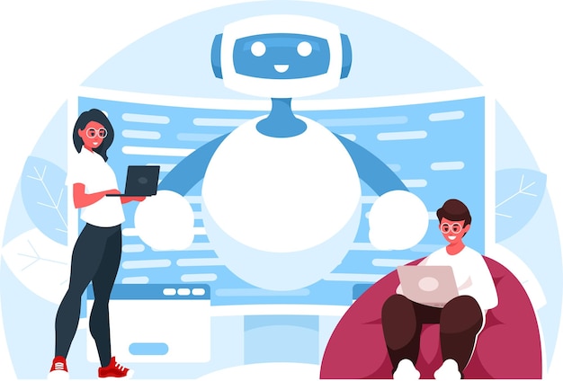 Testing van kunstmatige intelligentie Een robot die uit een computerscherm kruipt AI robot assistent