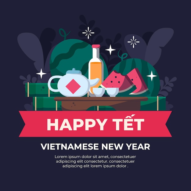 フラットなデザインのテトベトナムの新年