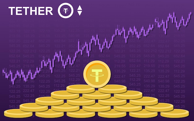 Vector tether coin cryptocurrency with growth candlestick graph over stack of gold tether coins