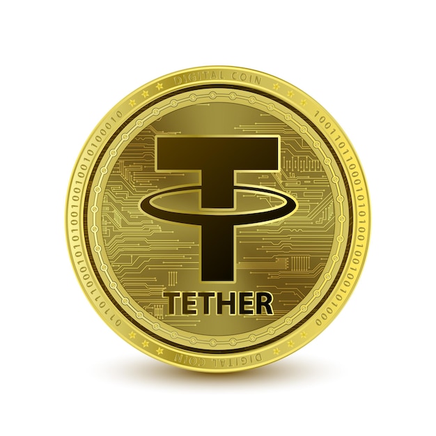 Золотой токен Tether USDT Coin, новый на белом фоне, криптовалюта, блокчейн, цифровая валюта.