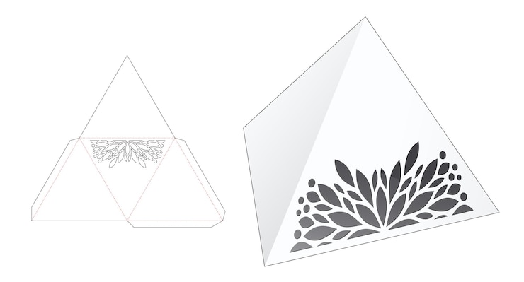 Vector tetrahedon box with stenciled mandala die cut template and 3d mockup