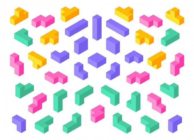 Tetris shapes. Isometric 3D puzzle game elements colorful cube abstract blocks.