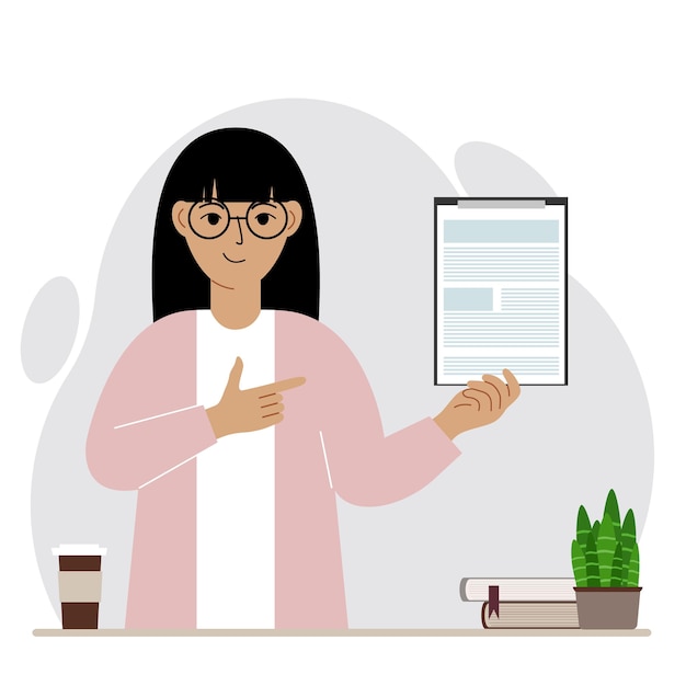 Tevreden vrouw die een klembord met een document vasthoudt en zijn vinger erop wijst. Platte vectorillustratie