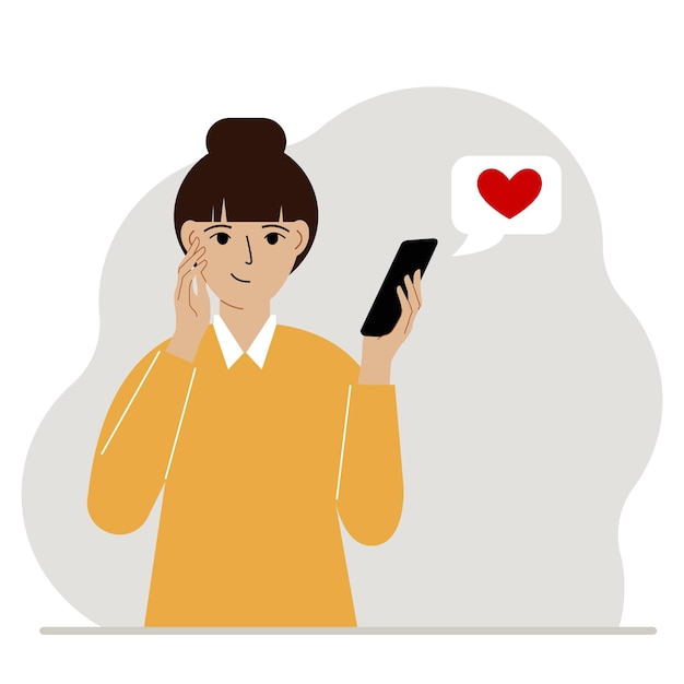 Tevreden vrouw leest een bericht op zijn mobiele telefoon Bericht met rood hart Platte vectorillustratie