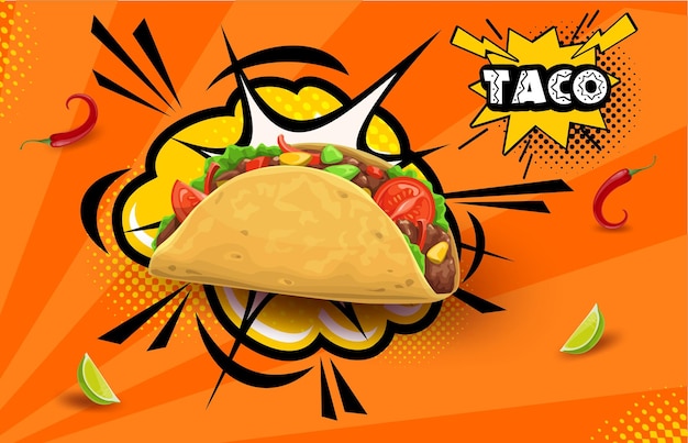 Tex Mex Mexicaanse taco op retro halftone bubbels achtergrond Mexico voedsel vector achtergrond Mexicaanse keuken fastfood of restaurant menu poster met taco op halftone wolk boom chili peper en citroen