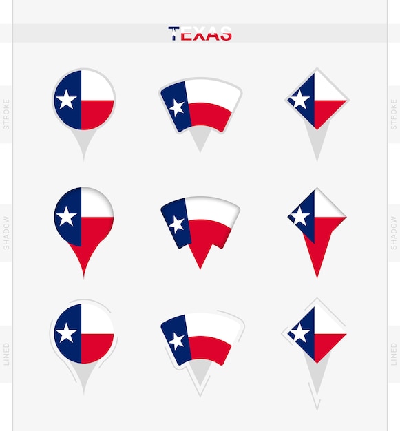 Texas flag set of location pin icons of Texas flag