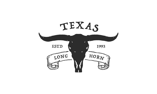 Дизайн логотипа винтажной этикетки для крупного рогатого скота Texas Longhorn Country Western Bull