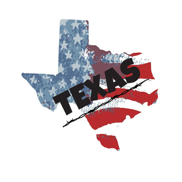 Texas map with American flag and razor wire in grunge style Texas border crisis poster Vector illustration