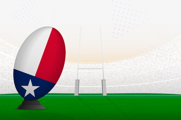 Pallone da rugby della squadra nazionale del texas sullo stadio di rugby e sui pali della porta che si preparano per un rigore o un calcio di punizione