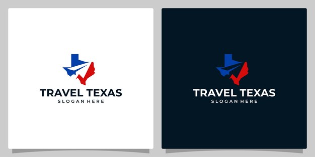 Modello di progettazione del logo della mappa dello stato del texas con progettazione grafica del viaggio aereo illustrazione del vettore di viaggio simbolo di consegna dell'icona dell'aereo di carta creativo