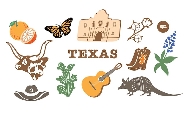 Vector texas symbols animals plants and elements texas lifestyle