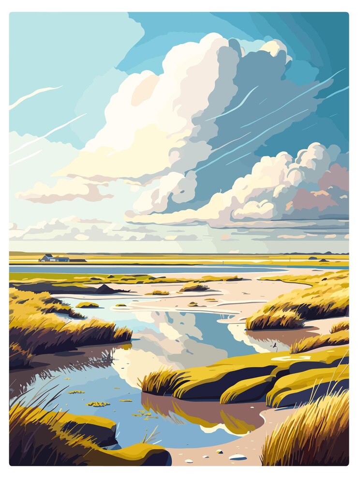 Vector texel netherlands vintage travel poster souvenir postcard portrait painting wpa illustration