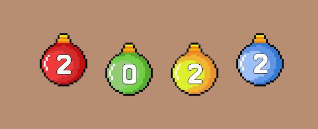 text 2022 on the baubles with pixel art style