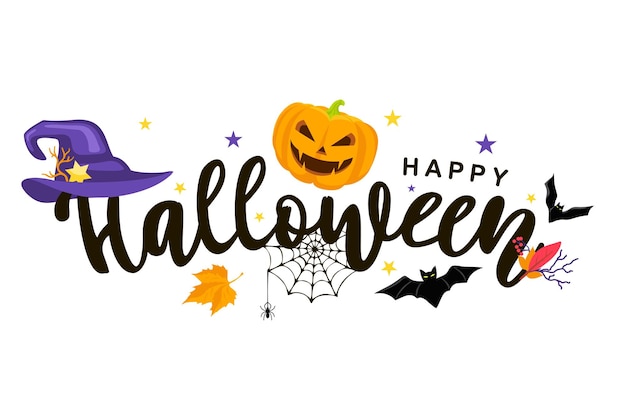 Text Banner Happy Halloween decorative lettering with bats spider spider web and witch hat