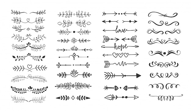 テキストdeviders。装飾的な要素、手描きのカリグラフィ要素。装飾用のボーダー、花柄、