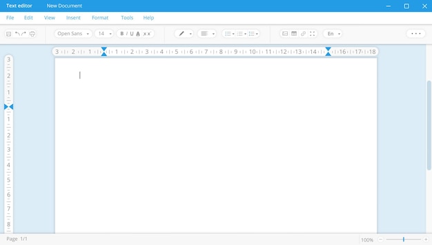 Text editor in white theme with blank page. Application for documentation and digital correction