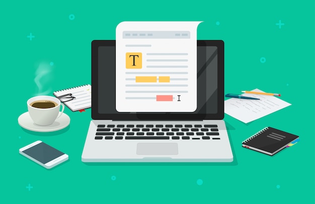 Text file or document content editing online on laptop computer on working desk table