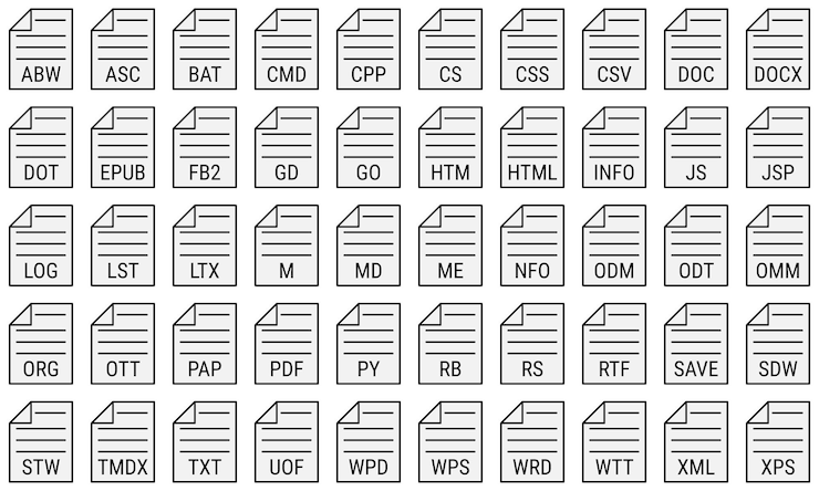 Vector 文本文件格式图标集 各种文本文件扩展的集合 透明背景上的向量图标 应用程序 ui 和网页设计的图标
