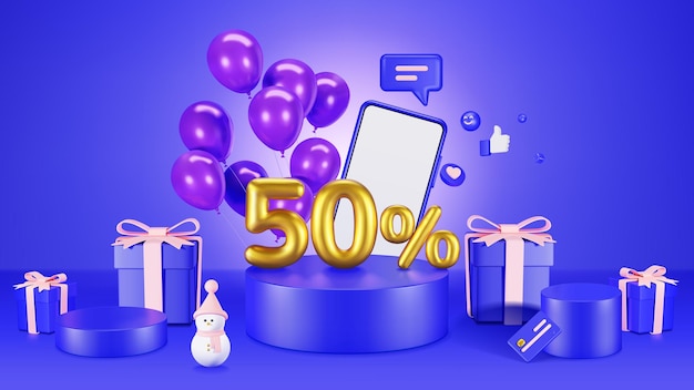 풍선, 스마트폰 모형, 눈사람, 선물 상자 및 아이콘이 있는 파란색 연단에서 50% 판매를 위한 텍스트입니다. 온라인 디자인 쇼핑을 위한 3d 그림입니다.