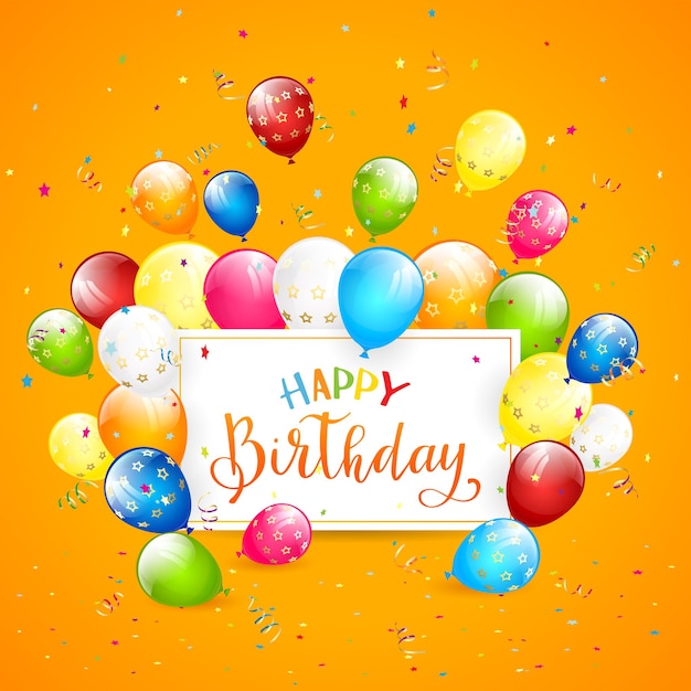 Текст с днем рождения на оранжевом фоне с праздничной открыткой, летающей красочными воздушными шарами и иллюстрацией конфетти