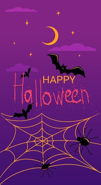 Text happy halloween on the background of the night starry sky with clouds bats and cobwebs with spiders