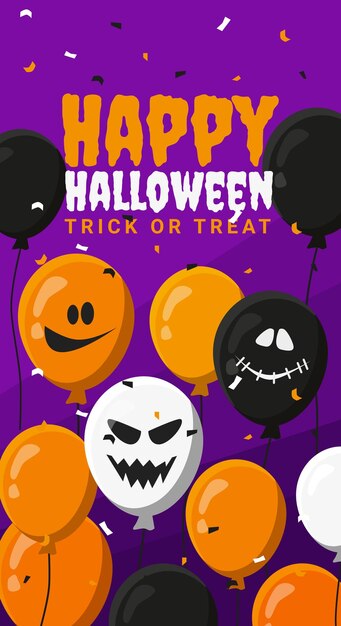 Text Happy Halloween and trick or treat balloons and confetti