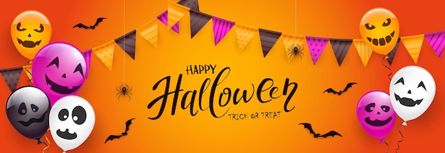 Text Happy Halloween with Scary Balloons and Spiders on Orange Background