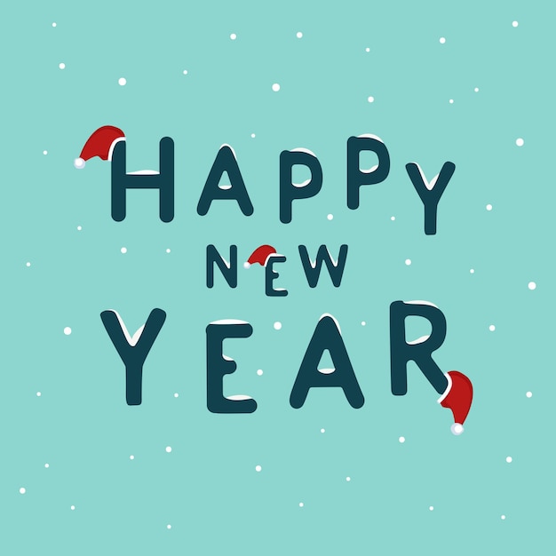 Text Happy new Year from blue snow letters on background with snowflakes Congratulations on winter