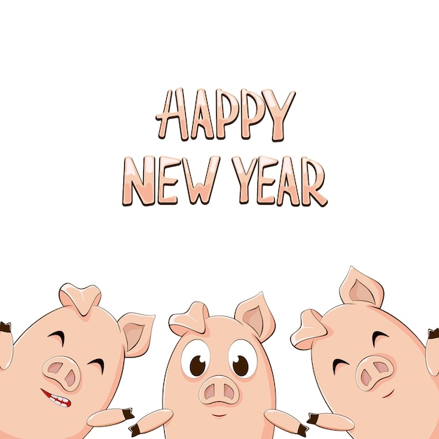 Vector text happy new year and three pigs on white background