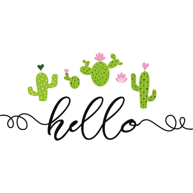 Text Hello Hand drawn cute cactus heart Love Cacti Cute greeting card template banner label logo