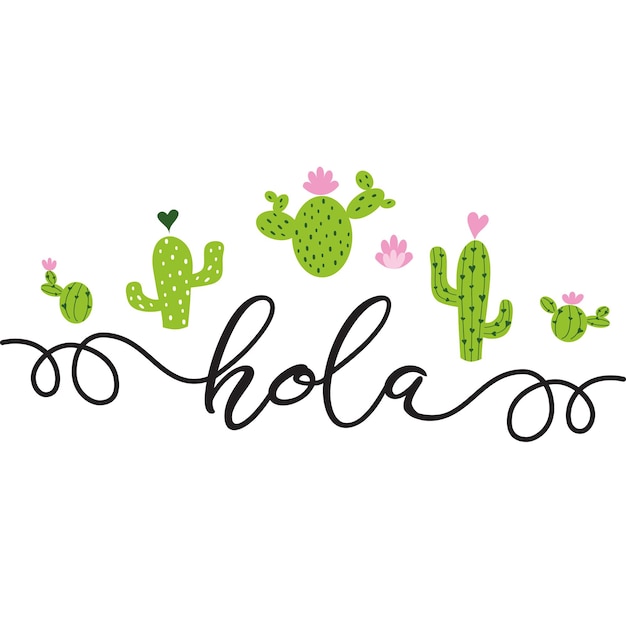 Text Hello in Spanish Hand drawn cute cactus heart Love Cacti Cute greeting card template