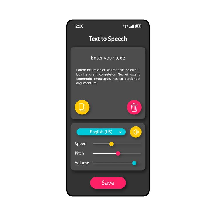 Vector text language recognizer smartphone interface vector template mobile app page color design layout text to speech converter screen flat ui for application print messages transformer phone display