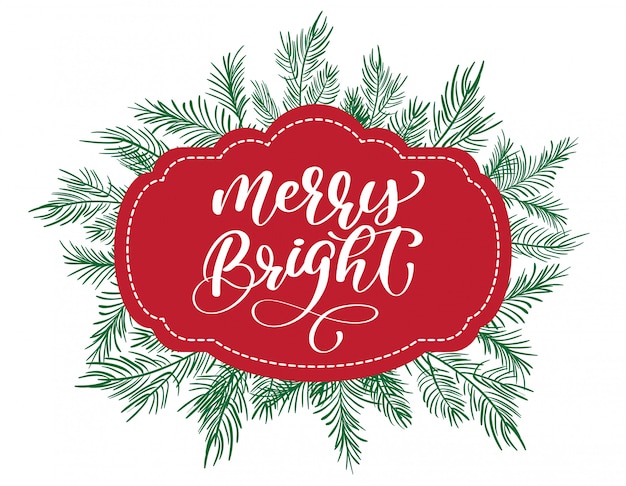 Vector text merry and bright on a red tag