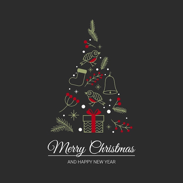 Vector text merry christmas and happy new year christmas items shaped like a christmas tree