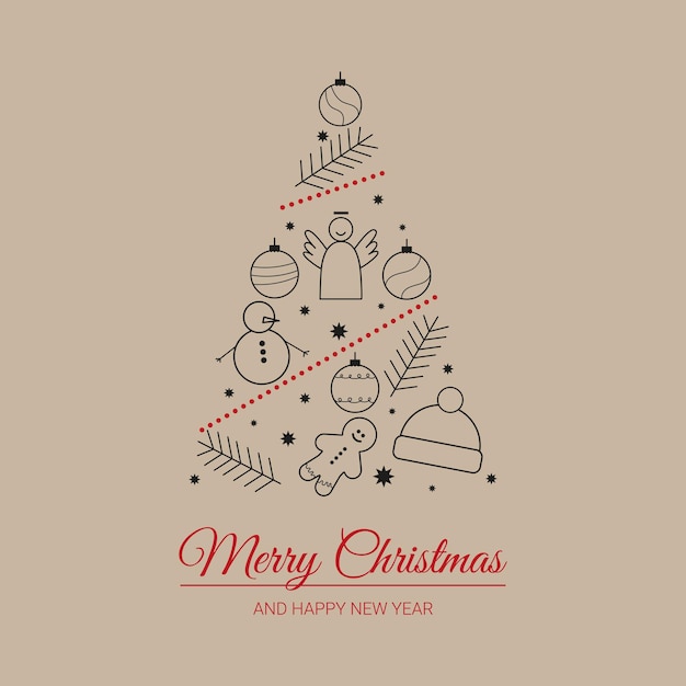 Text merry christmas and happy new year christmas symbols in shape of christmas tree