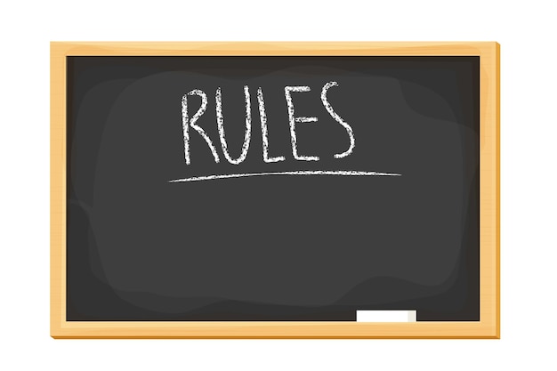 Text Rules on blackboard with piece of chalk in cartoon style in wooden frame