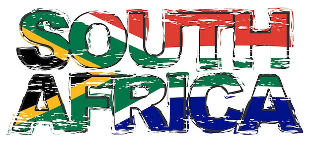 Text SOUTH AFRICA with national flag under it, distressed grunge look.