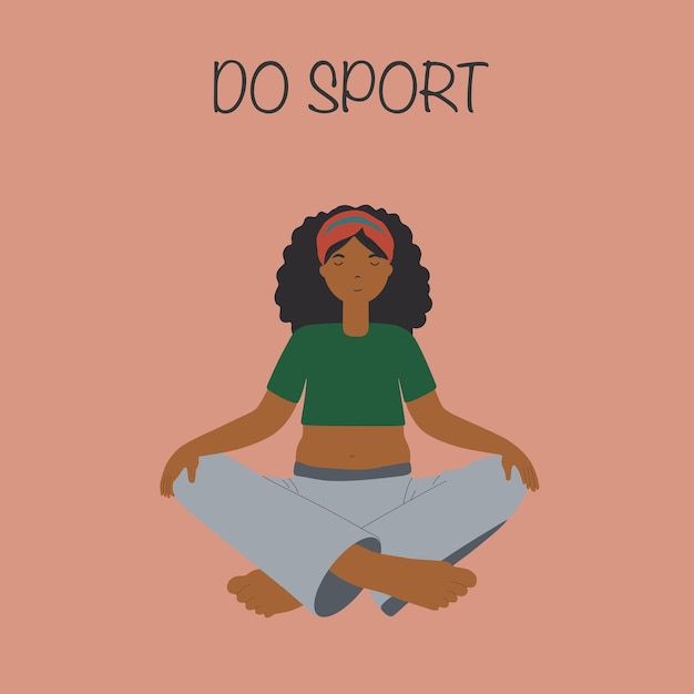 텍스트 do sport.Play Yoga.Afro American.Happy Woman.Lotus Pose.Character Girl Doing Yoga.Smiling