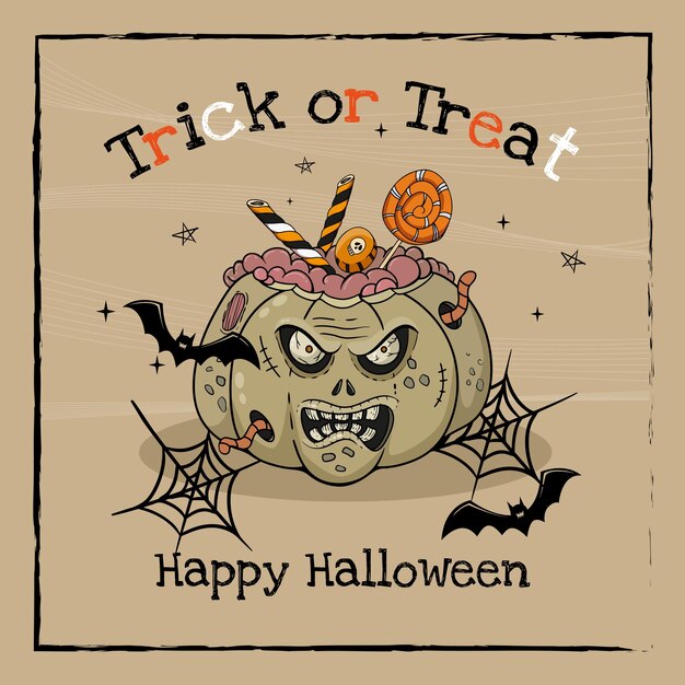 Text Trick or Treat and Happy Halloween spider web bats stars and zombie pumpkin with candy in the brain