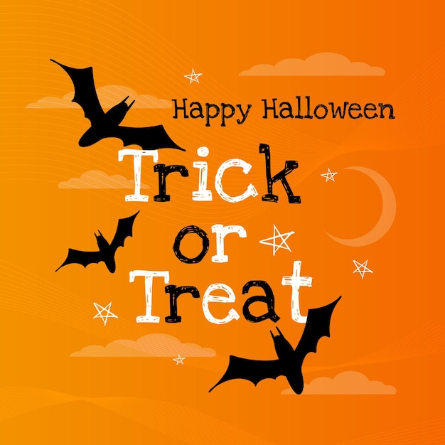 Vector text trick or treat and happy halloween young moon in the sky bats and stars