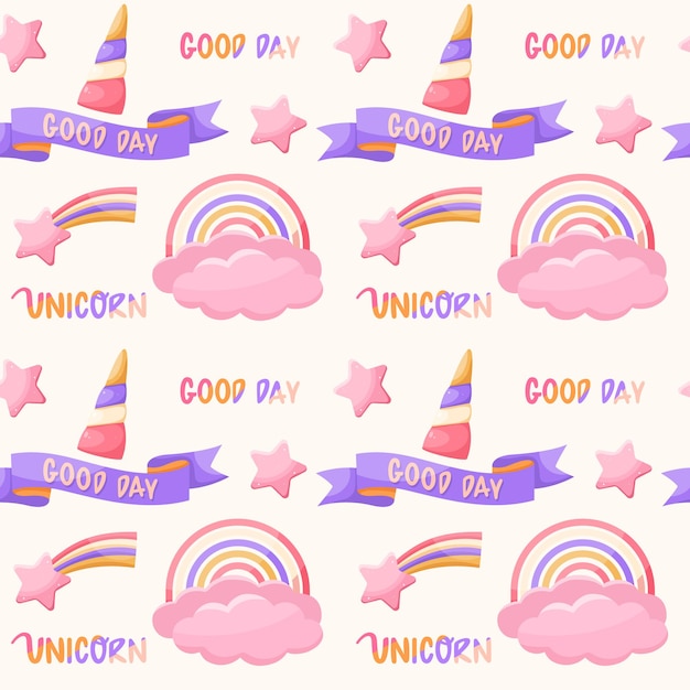 Vector text unicorn have a nice day rainbow clouds seamless pattern on a light background
